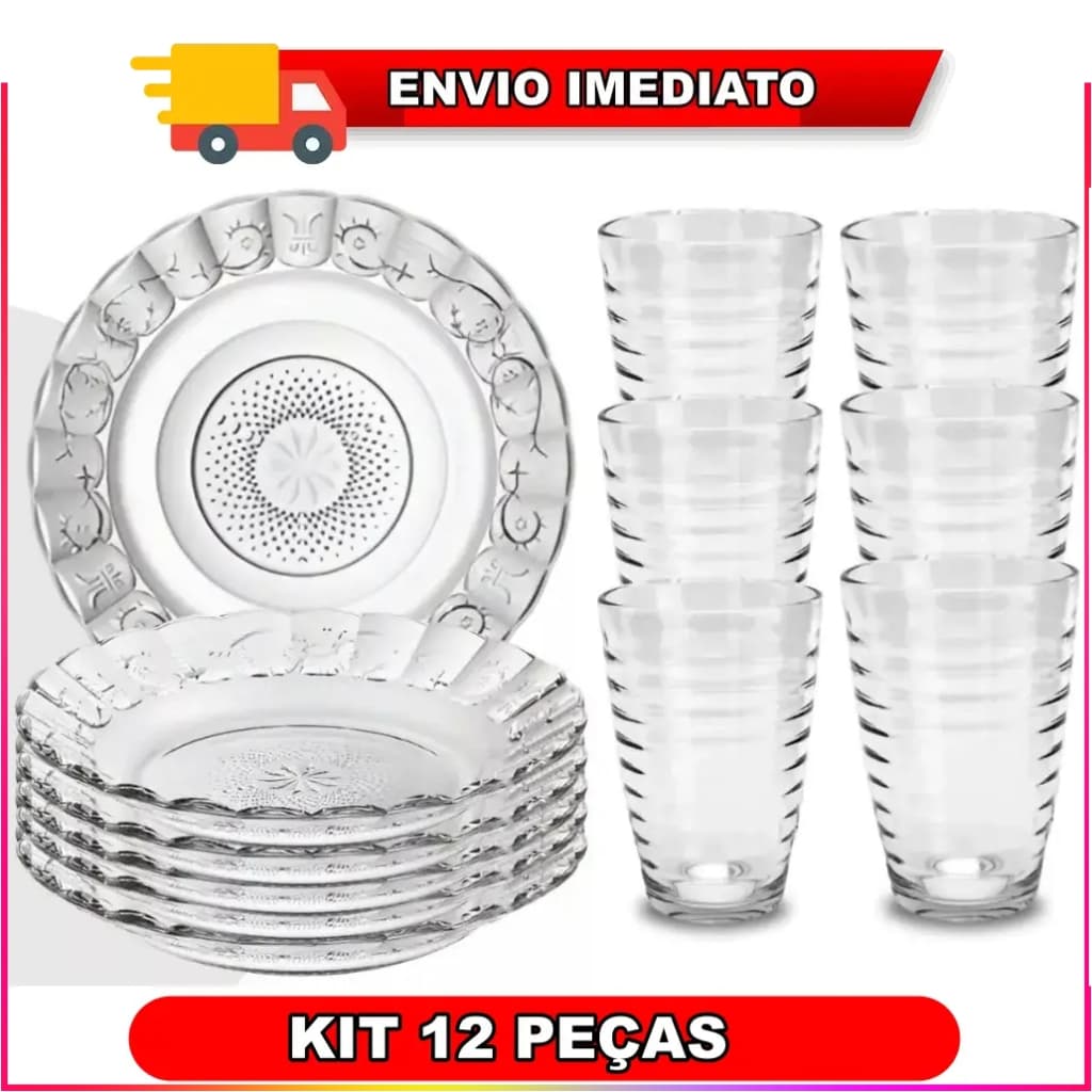 Jogo De Pratos Fundos Aparelho De Jantar Em Vidro 12 Peças