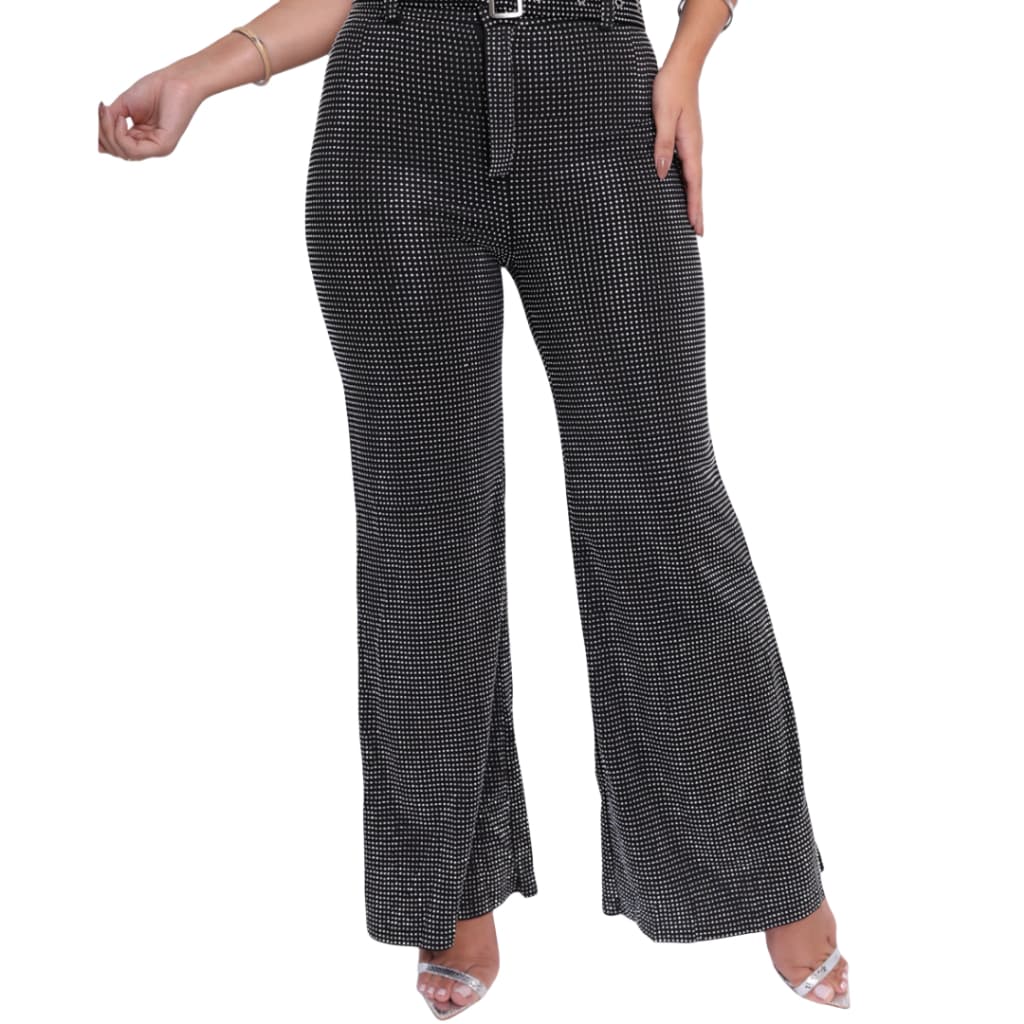 Calças femininas de cintura alta - Calça Flare  Feminina Cintura Alta com Strass T2404-149