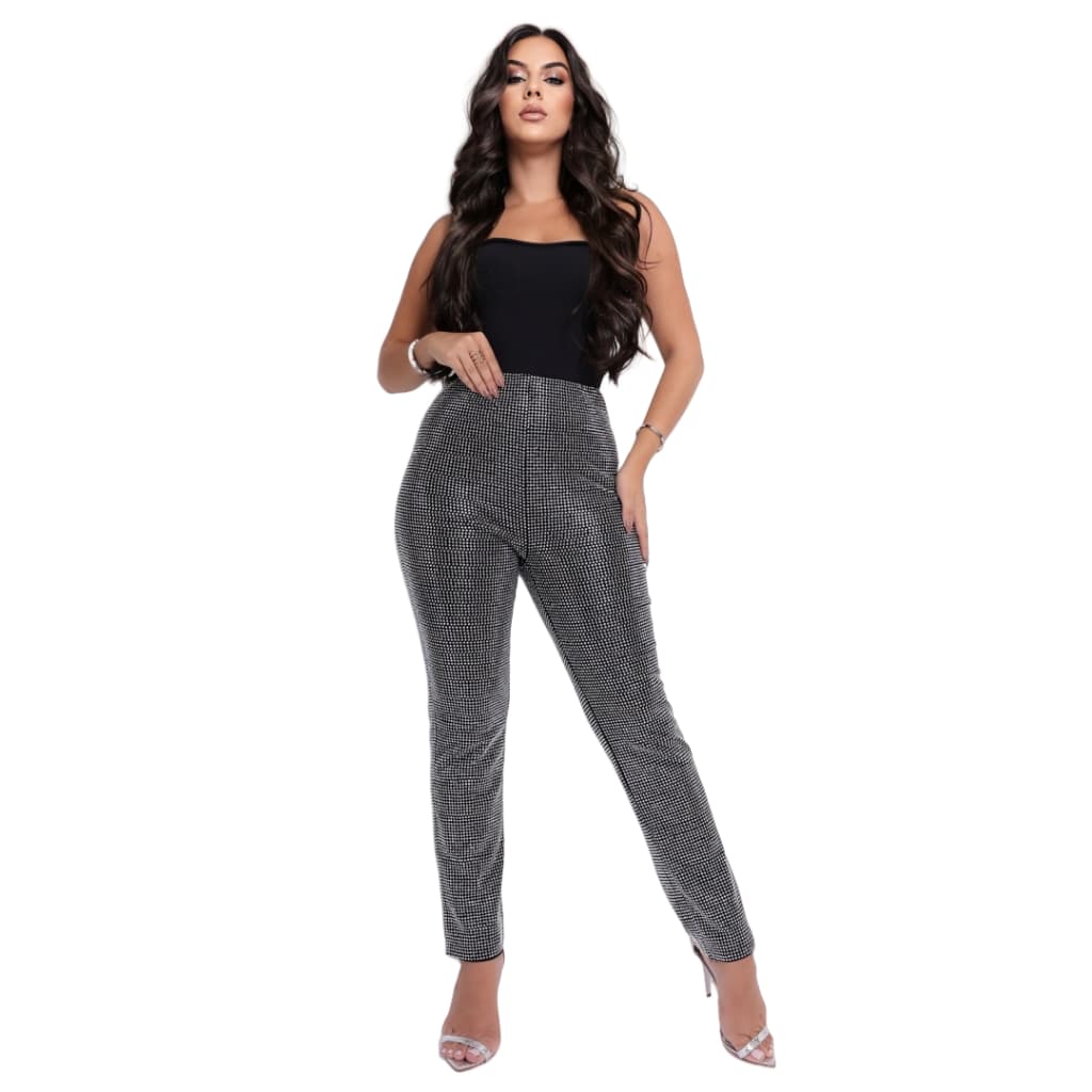 calça feminina Calças justas de cintura alta com strass. T2312-01