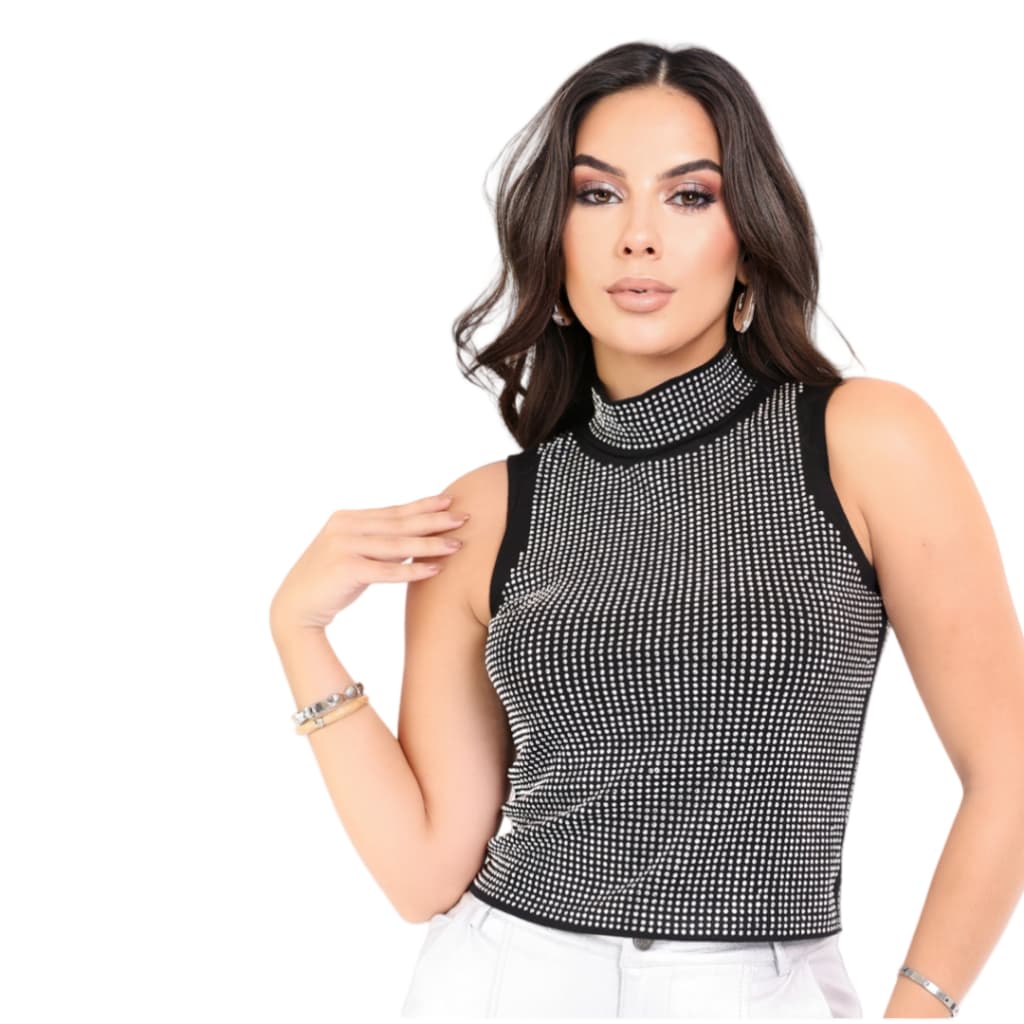 Top Gola Alta Brilhante com Strass - Moda Europeia 2025 | Sem Mangas | Tamanhos P ao G  8550
