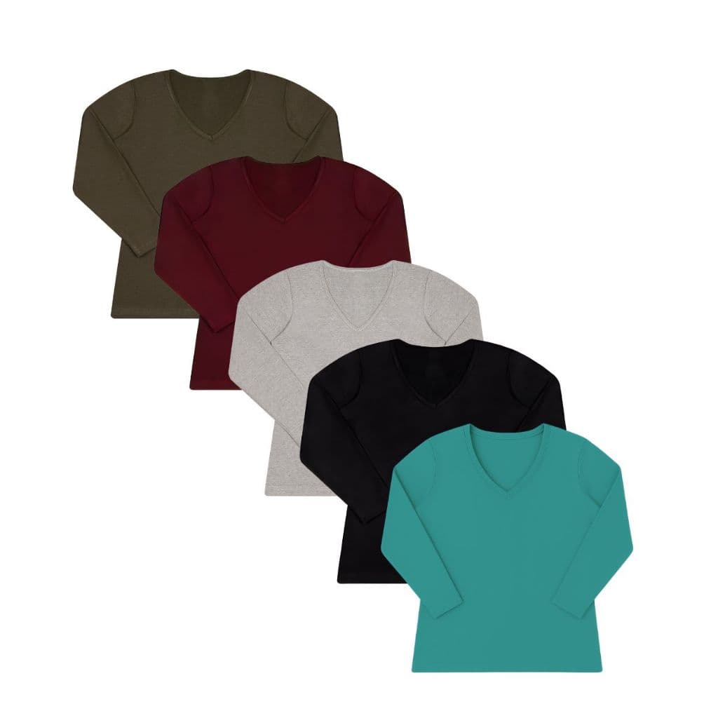 kit 3 Blusa feminina manga longa decote v algodão moda plus size inverno