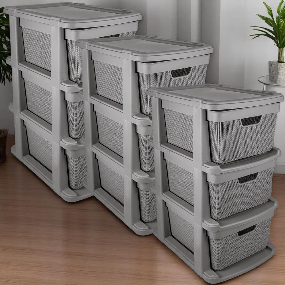 Kit 3 Gaveteiro Organizador de Chão Grande Jutta 15 Litros com 3 Gavetas em Plástico Jaguar