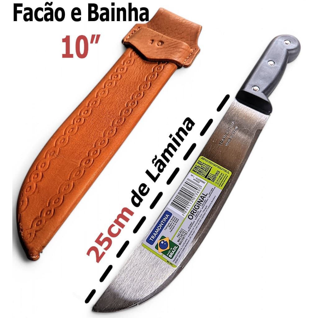 Kit Facão Tramontina 10 Polegadas mato galho cana pescaria bainha em couro legítimo