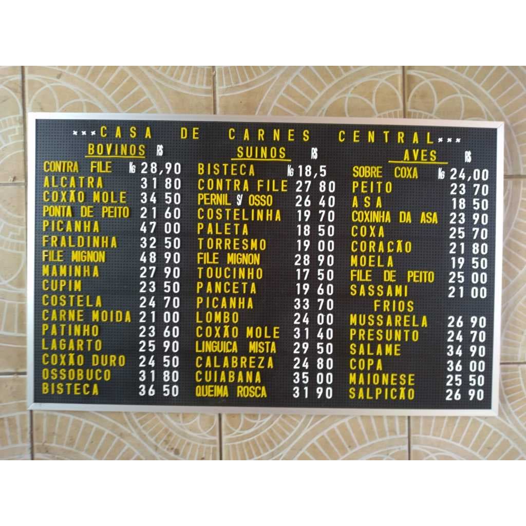 Painel Placa de Preço Com Letra e Número Removível com Moldura Alumínio Açougue Padaria Lanchonete 112x70