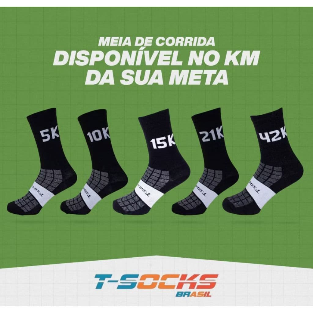 Kit com 3 Meias Esportivas cano médio em poliamida – KM da Sua Meta Corrida Bike Crossfit academia