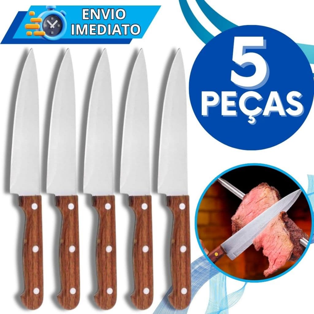KIT 5 Faca De Cozinha Churrasco Inox Profissional Tamanho "8" Do Chef Cabo Madeira para Casa Restaurante Açougue 33CM
