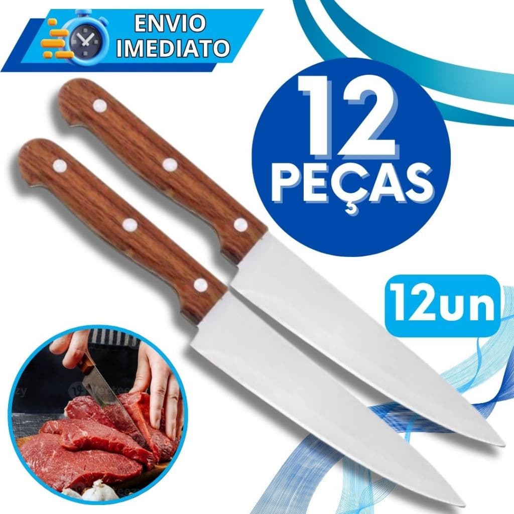 KIT 12 Faca De Cozinha Churrasco Inox Profissional Tamanho "8" Do Chef Cabo Madeira para Casa Restaurante Açougue 33CM