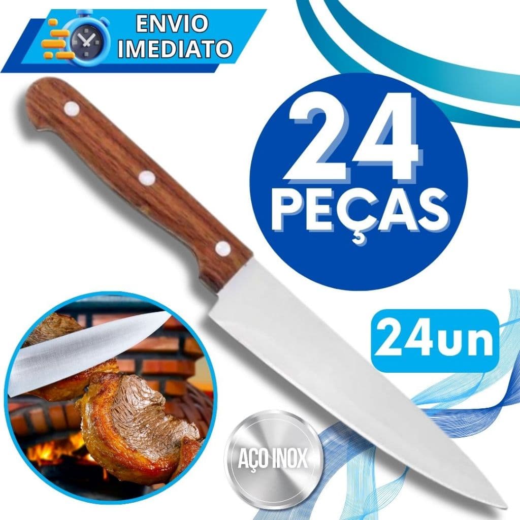 KIT 24 Faca De Cozinha Churrasco Inox Profissional Tamanho "8" Do Chef Cabo Madeira para Casa Restaurante Açougue 33CM