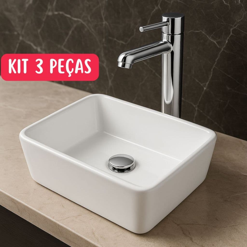 Kit Completo Pia de Banheiro – Cuba Retangular + Torneira + Válvula Click