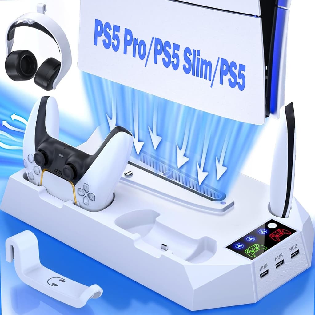 Suporte PS5 com 2 Indicador LED Ventoinhas, Estação de Carregamento Rápido para 2 Controles, Base Vertical para PS5/PS5