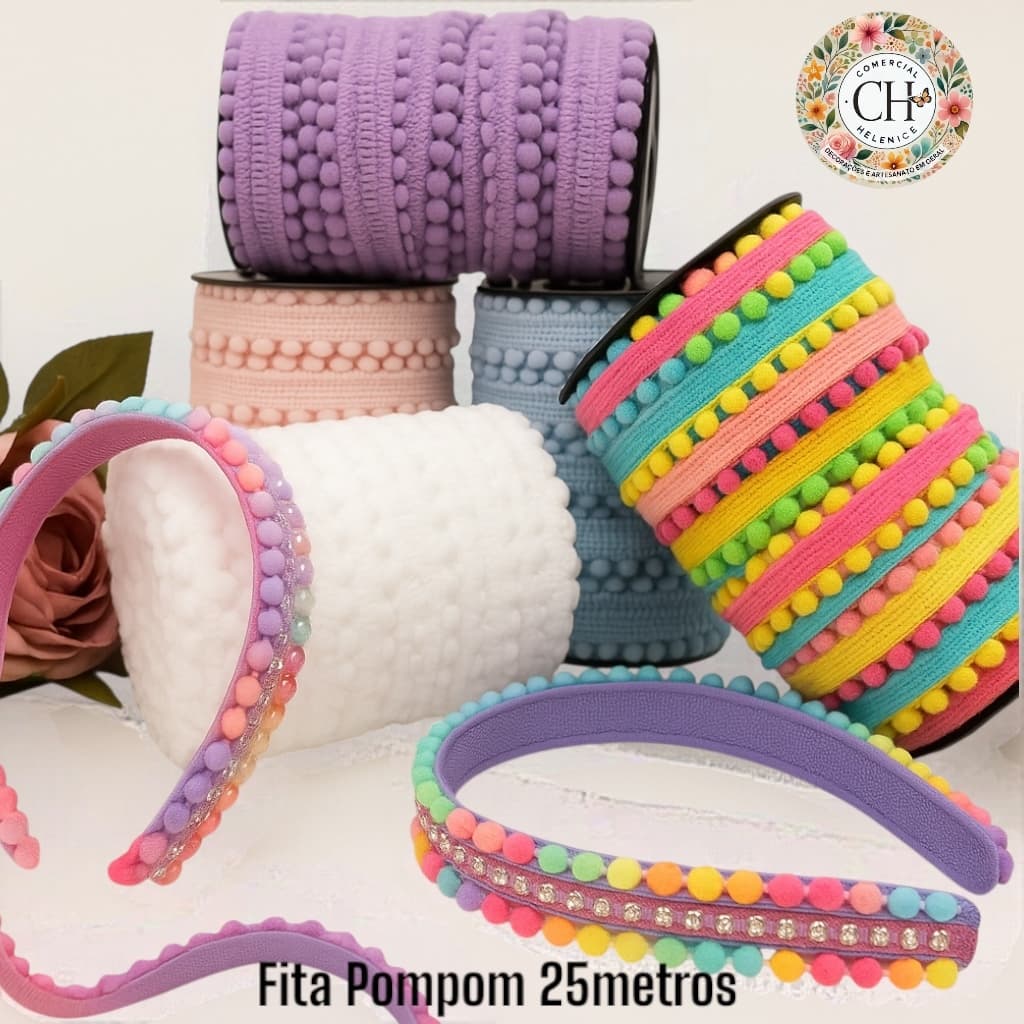 Fita Pompom Grelot 10mm - 25 Metros - Cores Variadas Pom Pom Artesanato Festas