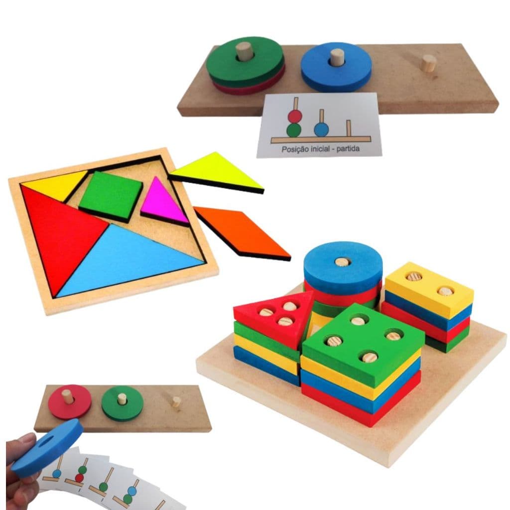 KIT 3X Jogos Psicopedagógicos TORRE DE LONDRES + TANGRAM + FORMAS GEOMÉTRICAS Brinquedo Educativo Montessori TDAH