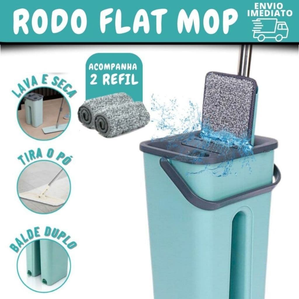 Flat Mop 2 Refis Esfregão Com Balde Rodo Mágico Lava Seca Tira Pó