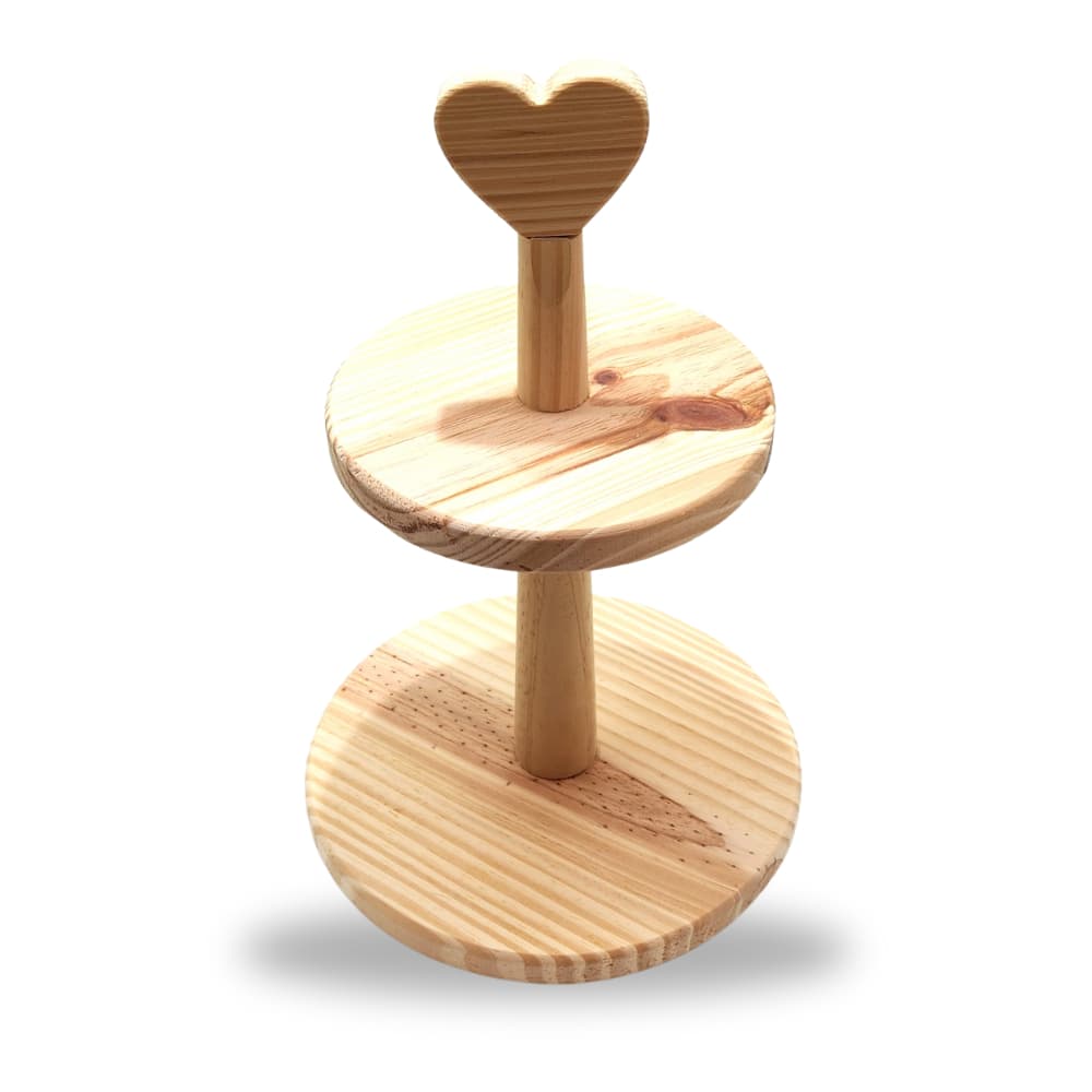 Suporte de Pratos Duplo em Madeira Pinus – Para Mesa Posta, Doces, Festa e Eventos