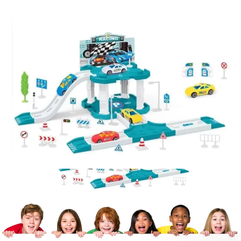 Pista Estacionamento de Brinquedo Infantil Crianças Diversão Aventura Garagem Corrida Carrinhos Aventuras com 40 Peças