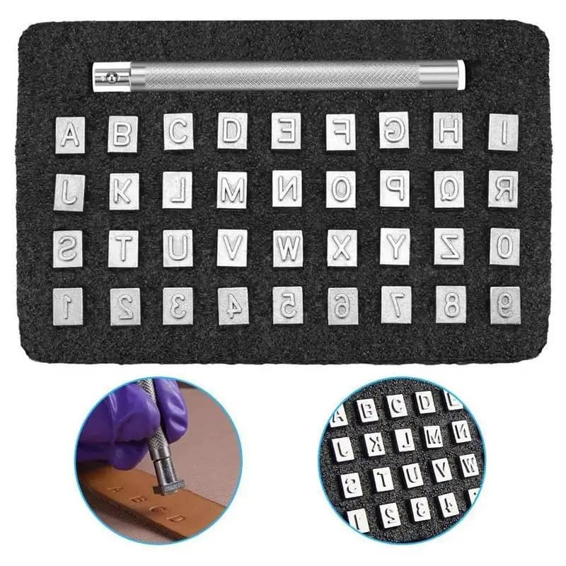 Kit Para Escrever Em Couro Com Letras E Números 6mm Em Aço 36pçs