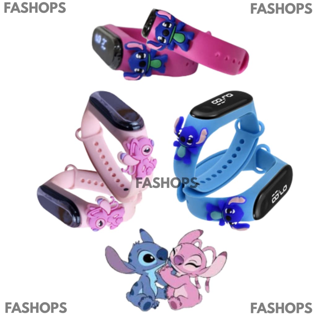 Relógio Digital Led Infantil A Prova D'água Stitch Azul Rosa e Angel Personagens Meninos Meninas
