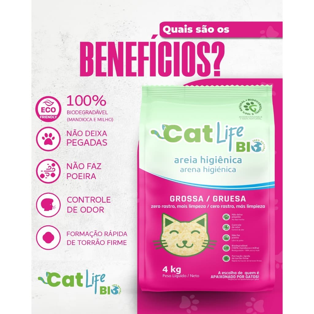 Areia Higiênica Biodegradável Cat Life Bio Grossa 4 Kg - Zero Rastro