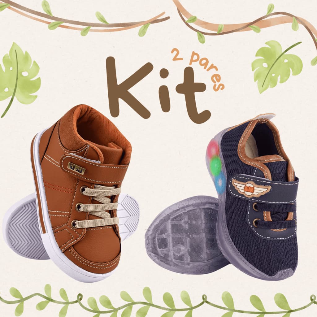 Kit 2 pares Sapatênis Infantil Menino Cano Medio Social Escolar + Tênis Luzinha de Led Confortável