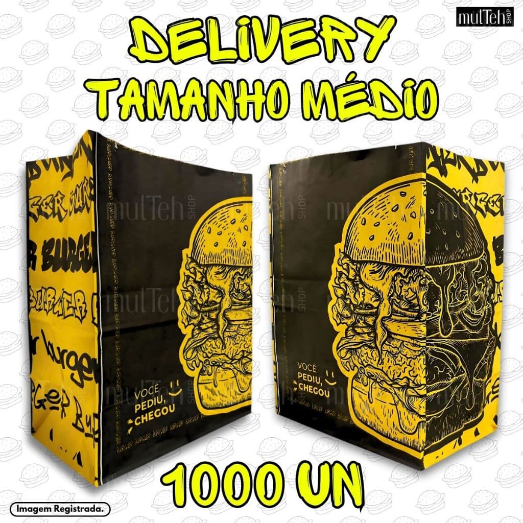 Saco Para Delivery Kraft SOS Médio 26x19x12 1000 UN Preto Amarelo