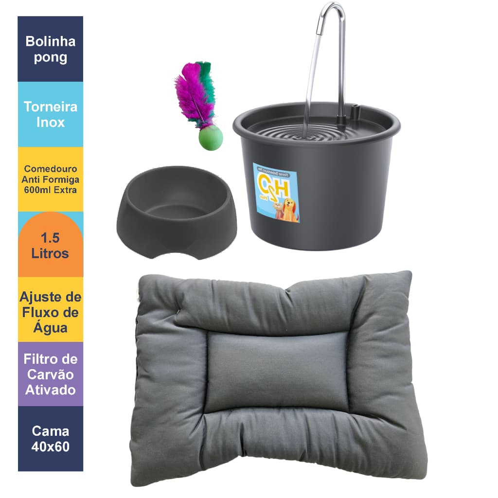 Kit Luxo Gatos Bebedouro Comedouro e Caminha com Pong