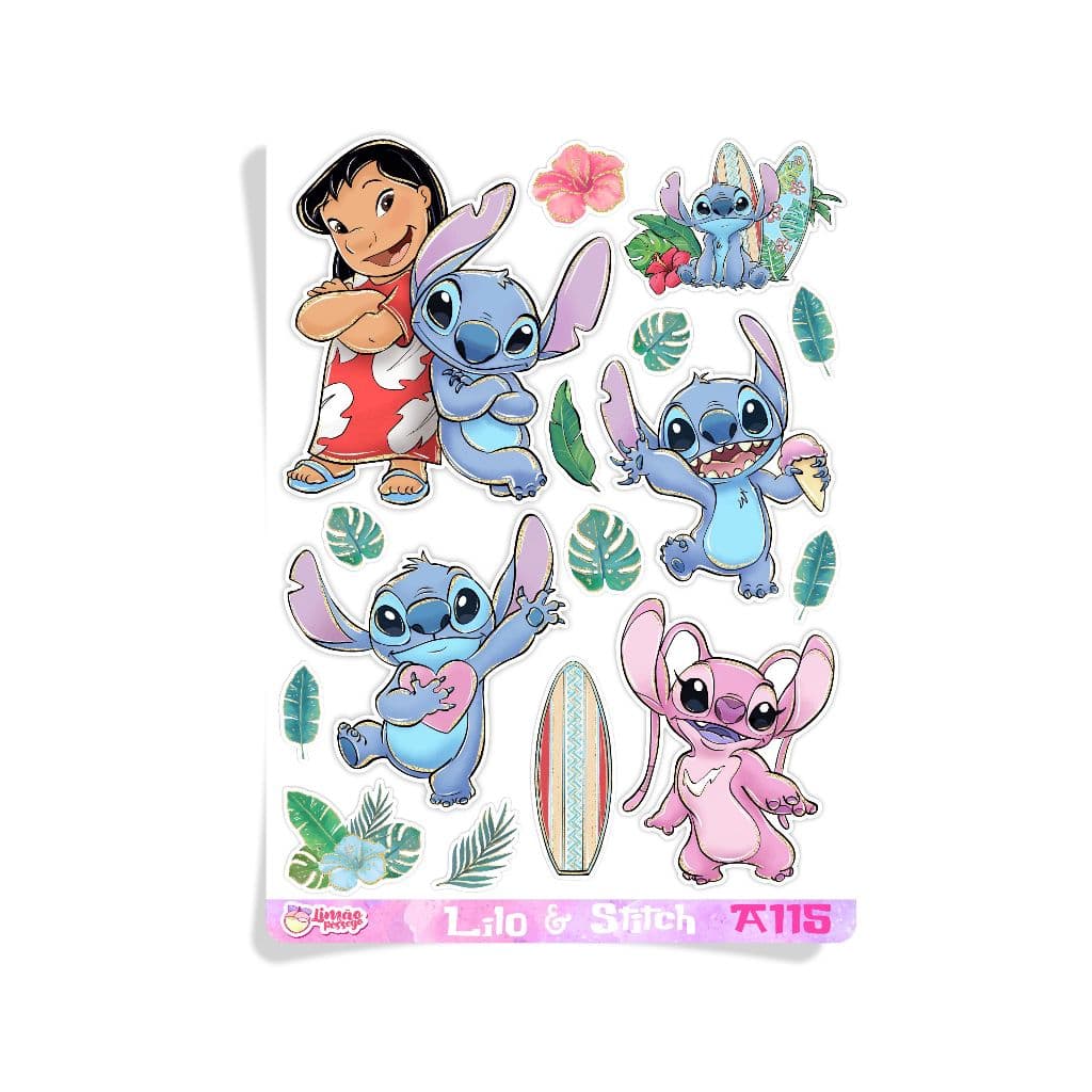 Stitch e Angel - Cartela de Adesivos em Vinil Limão & Pêssego