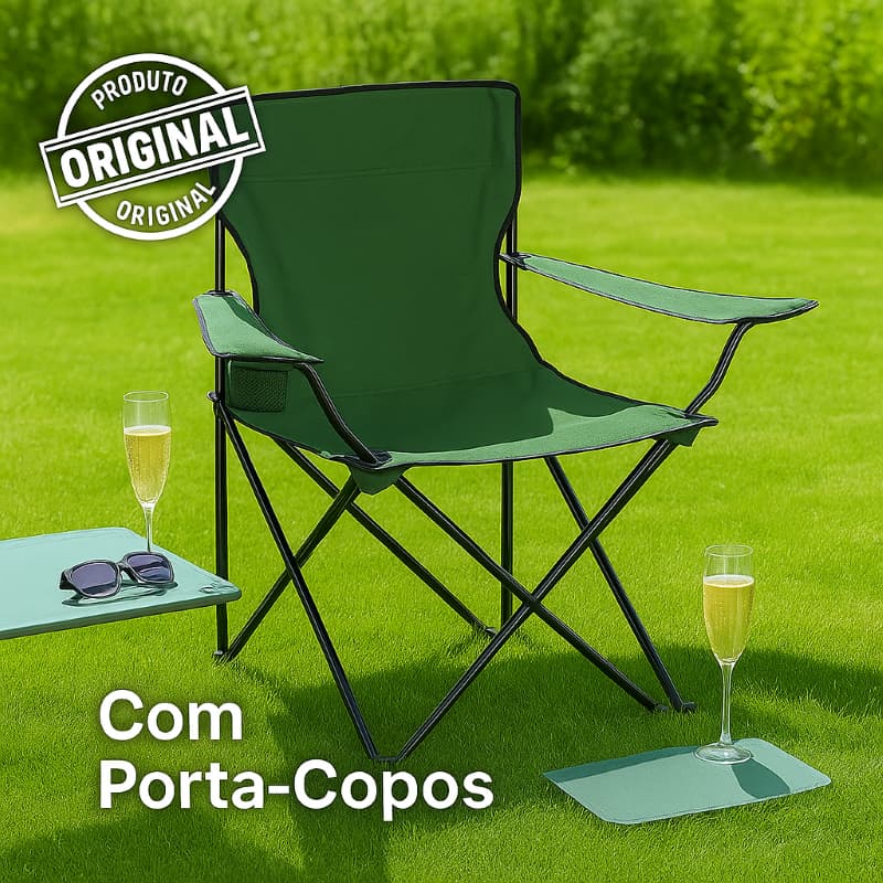 Cadeira Dobrável Camping Master com Encosto e Porta-Copos | Suporta até 120kg | Aço Reforçado |