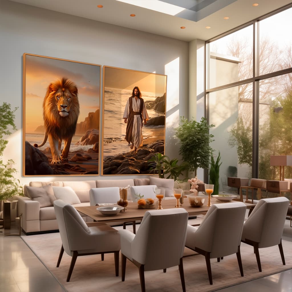 Conjunto 2 Quadros Decorativos Sala, Quarto, Jesus e Leão, Acabamento Luxo Moldura Chanfrada