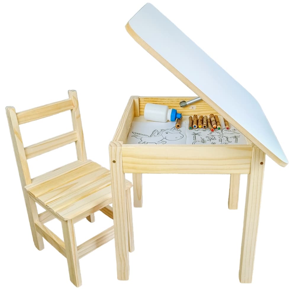 Conjunto Mesinha Baú Infantil Madeira Pinus Resistente 1 Cadeira Estudo Didático Acabamento Natural Kids Menina Menino