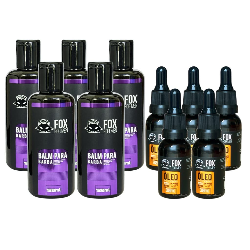 5 Balm Para Barba Atacado + 5 Óleo Para Barba Fox For Men ® Kit Cuidados com a Barba Kit Barbeiro