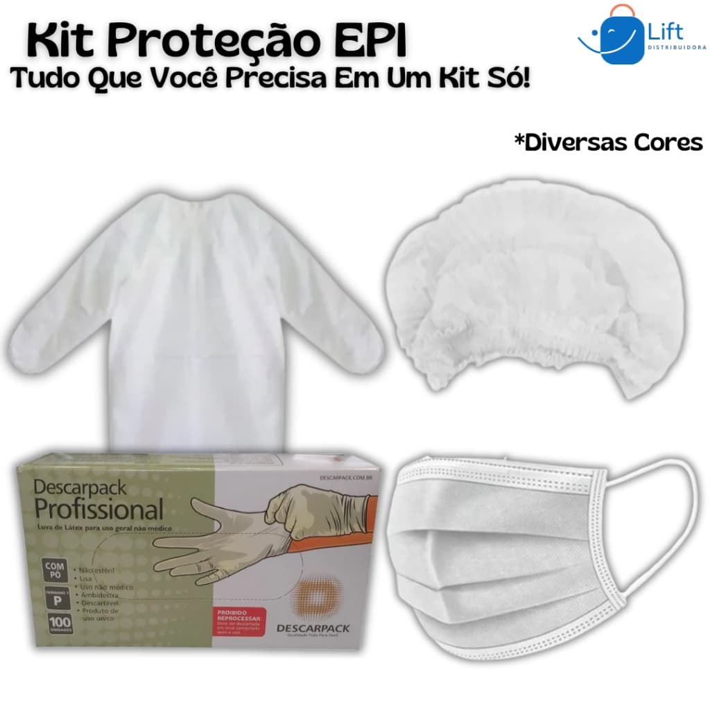Kit EPI Descartável – 10 Aventais G20 + 50 Máscaras TNT + 100 Toucas + 100 Luvas Látex Com Pó