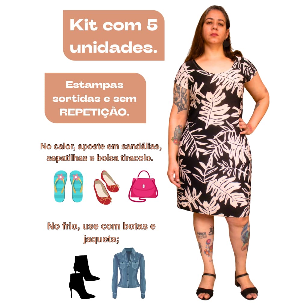 Kit 5 Vestidos Adulto Malha Fria Liganet Verão Lindas Estampas Feminino