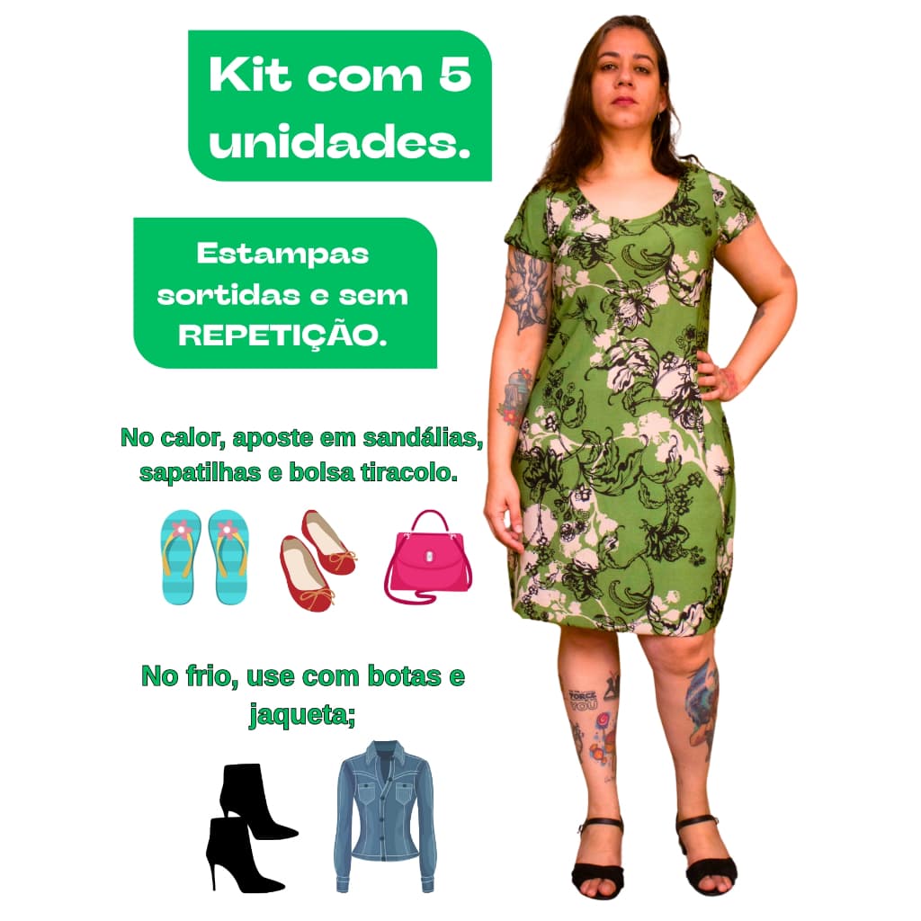Kit 5 Vestidos Adulto Malha Fria Liganet Verão Vestido Feminino Leve e Confortável Lindas Estampas