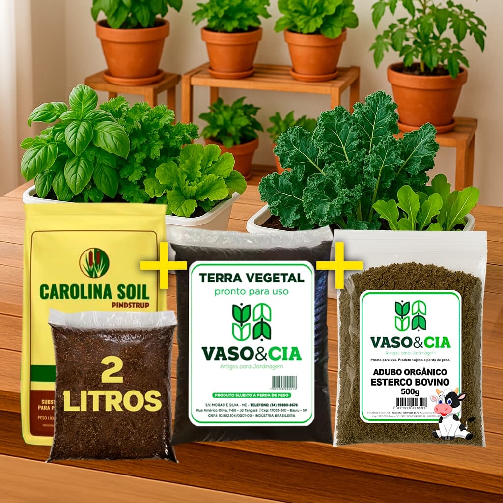 Kit Horta Hortaliças – Terra Vegetal 1,8kg + Substrato Carolina Soil 2L + Esterco Bovino 500g