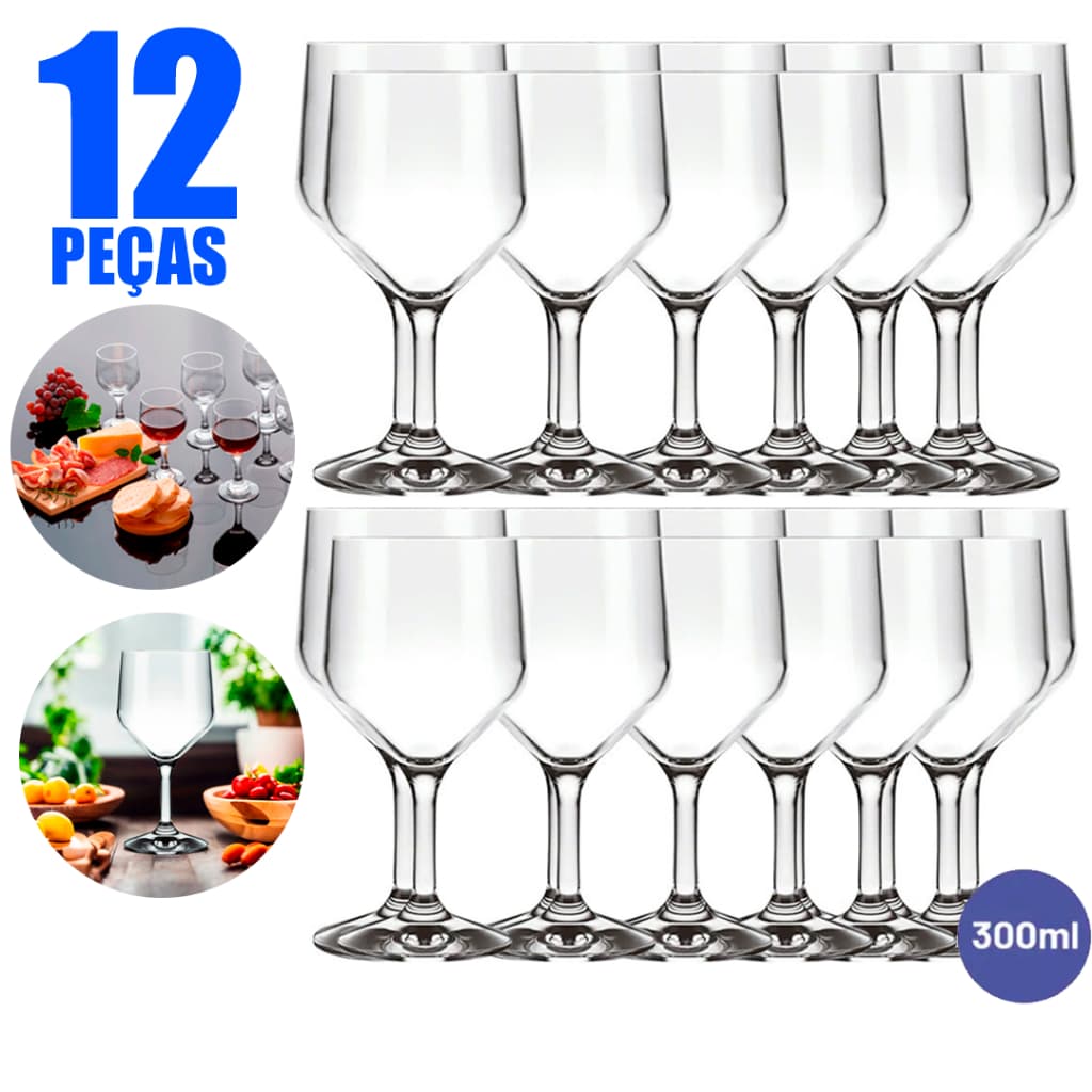 Kit 12 Taças Multiuso Buffet SM Vidro Resistente Vinho Bebidas Drink 300ml Versatil Hotel Eventos
