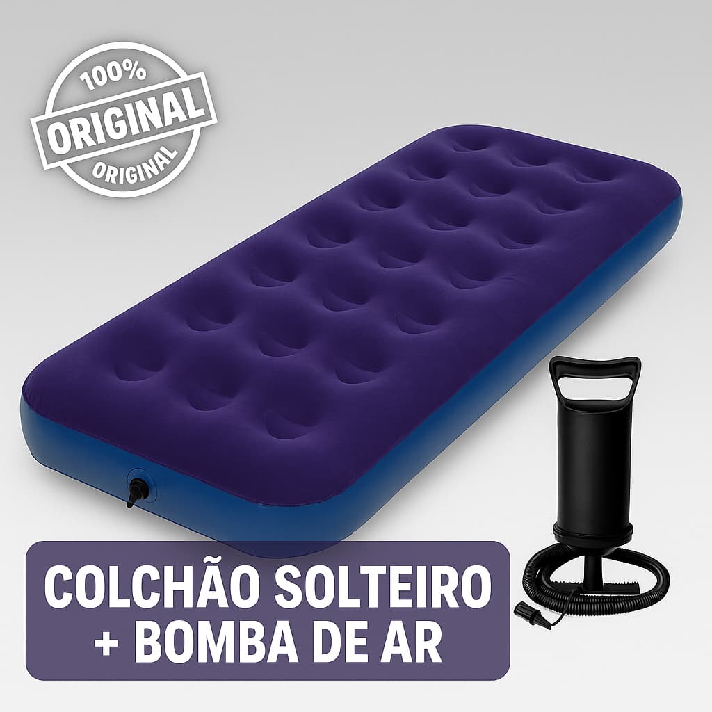 Colchão Inflável Solteiro Avenli 191x73x22cm Azul + Bomba de Ar Manual | Camping e Casa