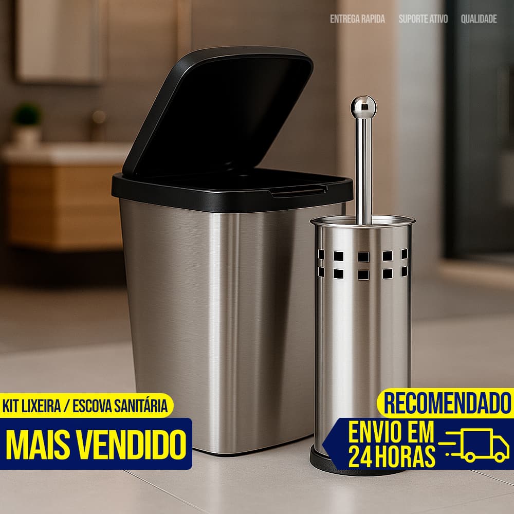Kit Lixeira Cesto de Lixo 10 Litros Inox Escova Sanitária Grande Automática Tampa Click Label Para Banheiro Cozinha