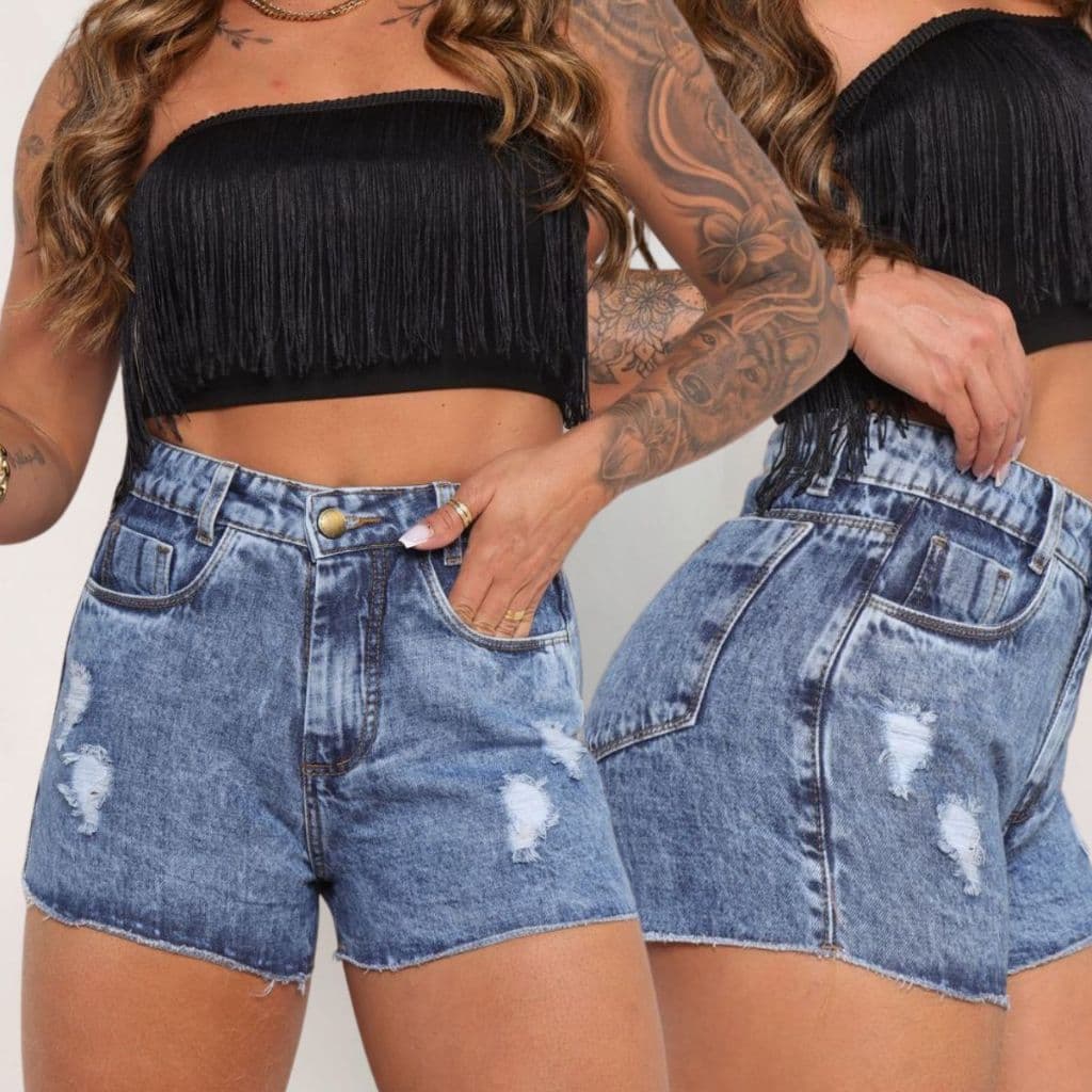 Short Jeans Feminino Barra Fio Cintura Alta 100% Algodão Com Destroyed