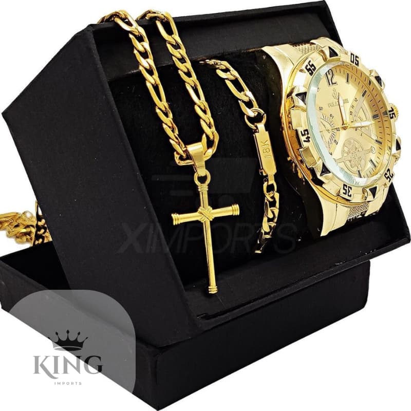 Kit Relógio Masculino Banhado a Ouro 18k Dourado Original Luxo + Corrente em Aço Banhada18kMasculina+Pulseira e Pingente
