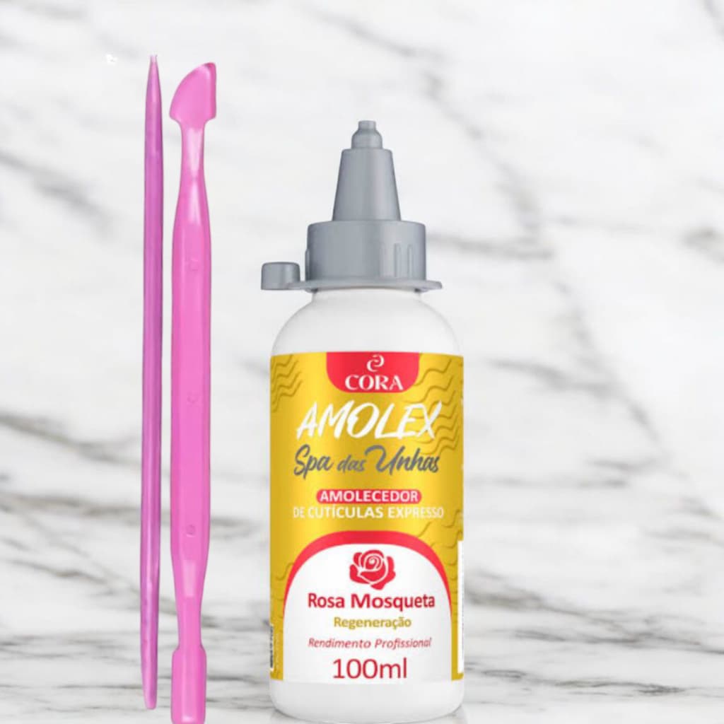 Amolex Amolecedor de Cutículas Cora Rosa Mosqueta   Hidrata e amolece + Pálito e Espatula Dupla Plástica
