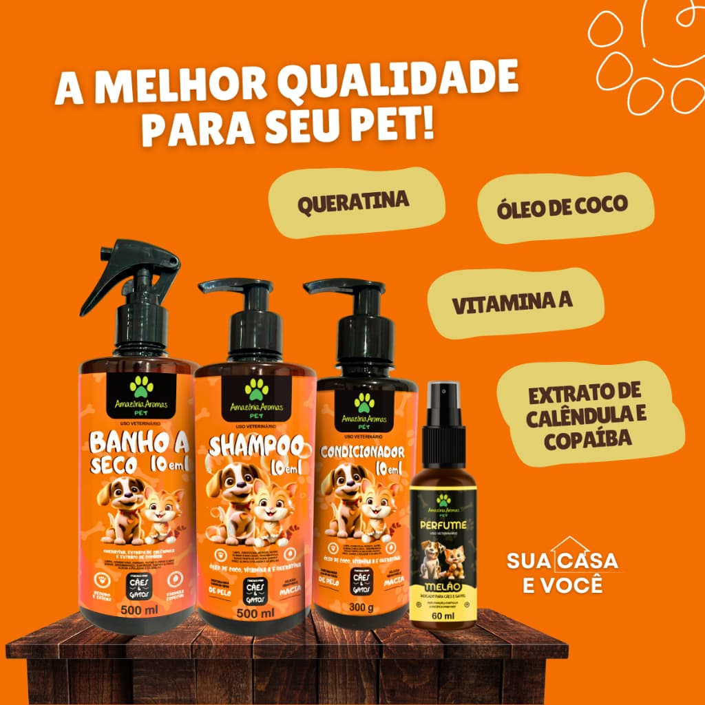 Kit Banho Pet 10 Em 1 Shampoo + Condicionador + Perfume + Banho a Seco 500ml Cachorro Gato Pelo Cães