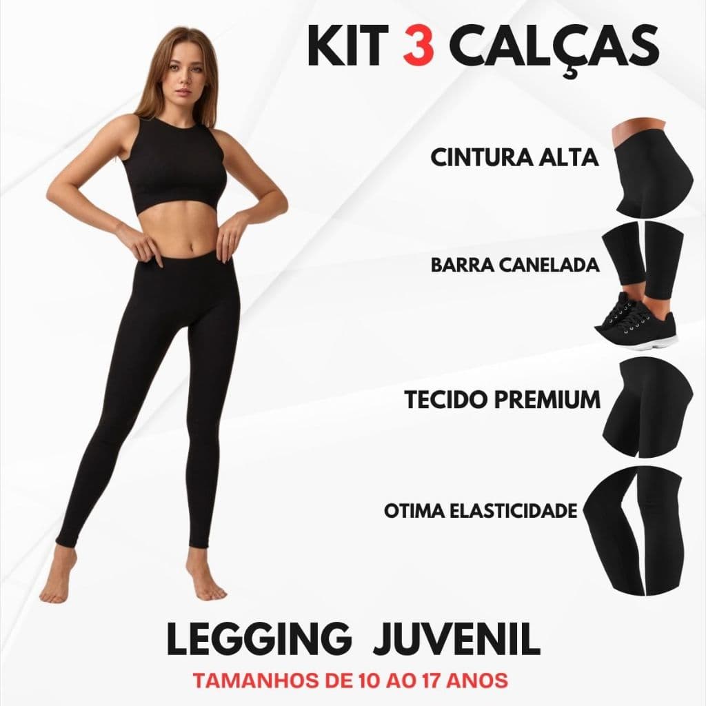 Kit 3 Peças Legging Lisa Escolar de Suplex Preta Infantil Meia Estação Tamanho 1 ao 17