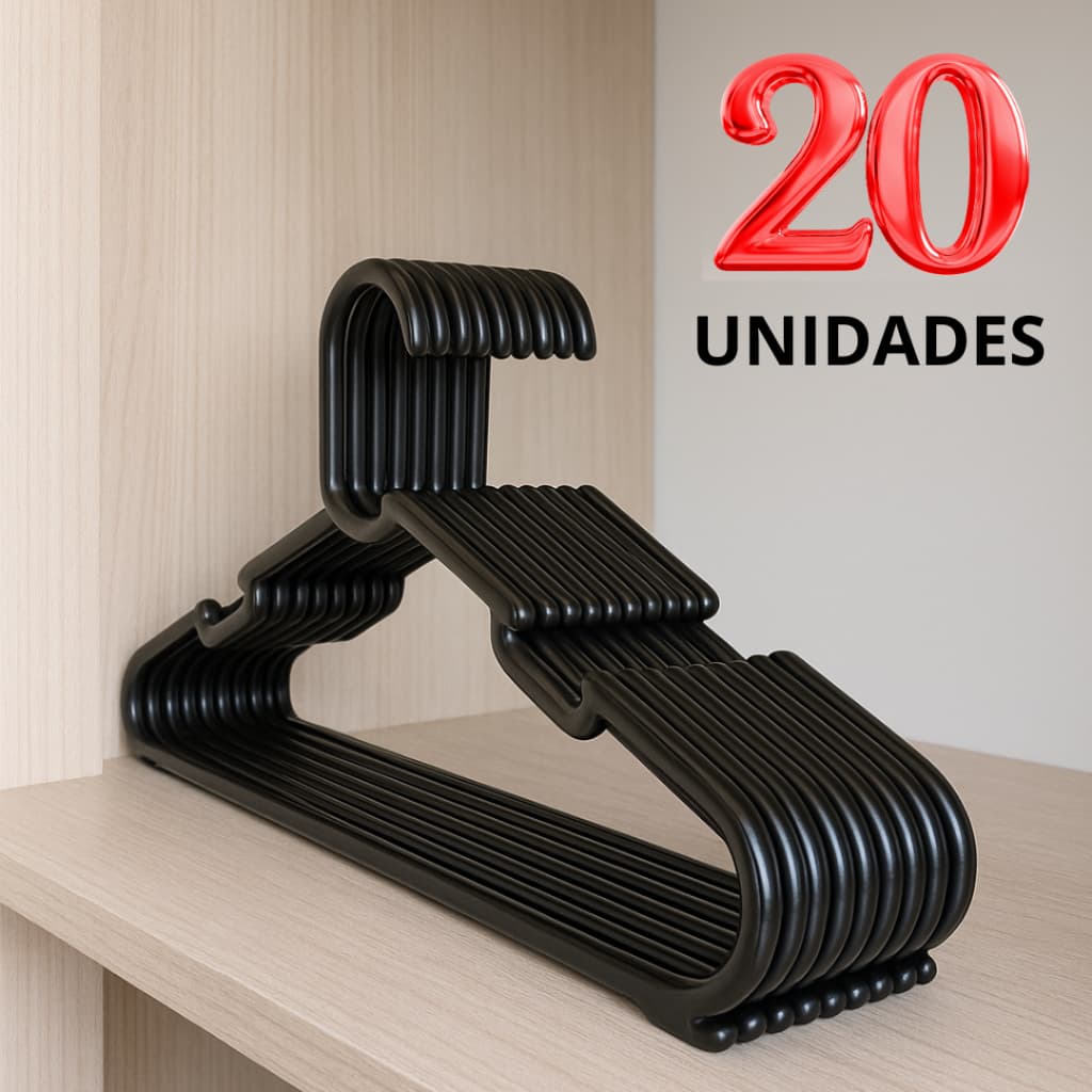 KIT COM 20 CABIDES MODELO COMBATE PRETO, 38CM RESISTENTE E DURÁVEL, PARA BLUSAS, CALÇAS, CAMISETAS