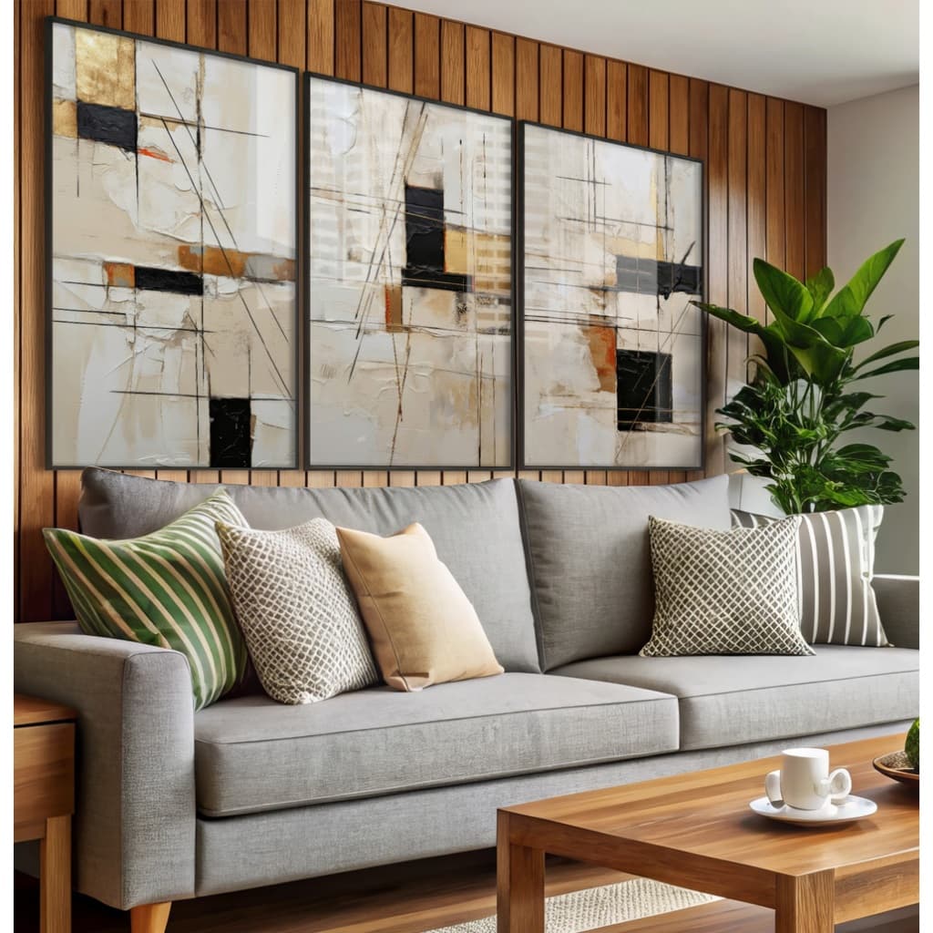 Quadro Abstrato Para Sala Com Moldura Quarto Quadro Decorativo Escritório Trio Quadriculado Neutro