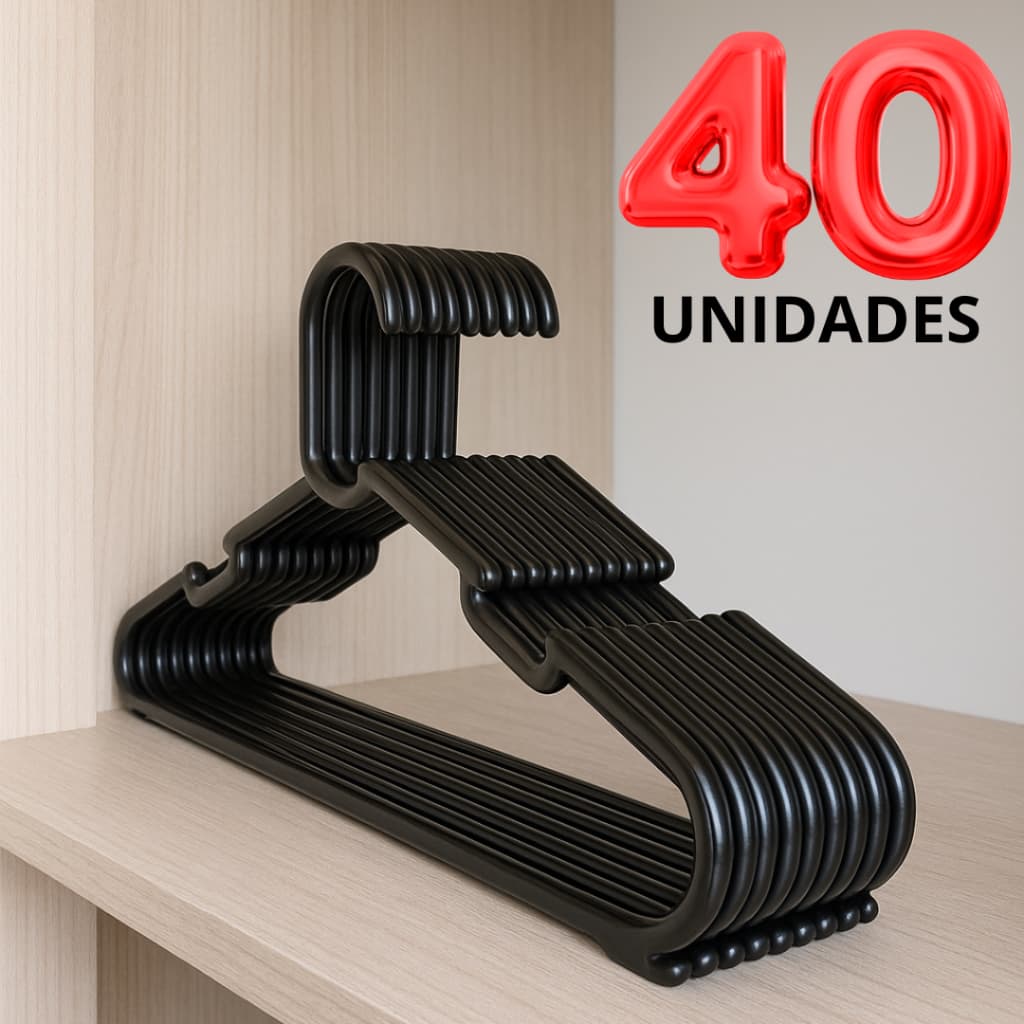 KIT COM 40 CABIDES MODELO COMBATE PRETO, 38CM RESISTENTE E DURÁVEL, PARA BLUSAS, CALÇAS, CAMISETAS