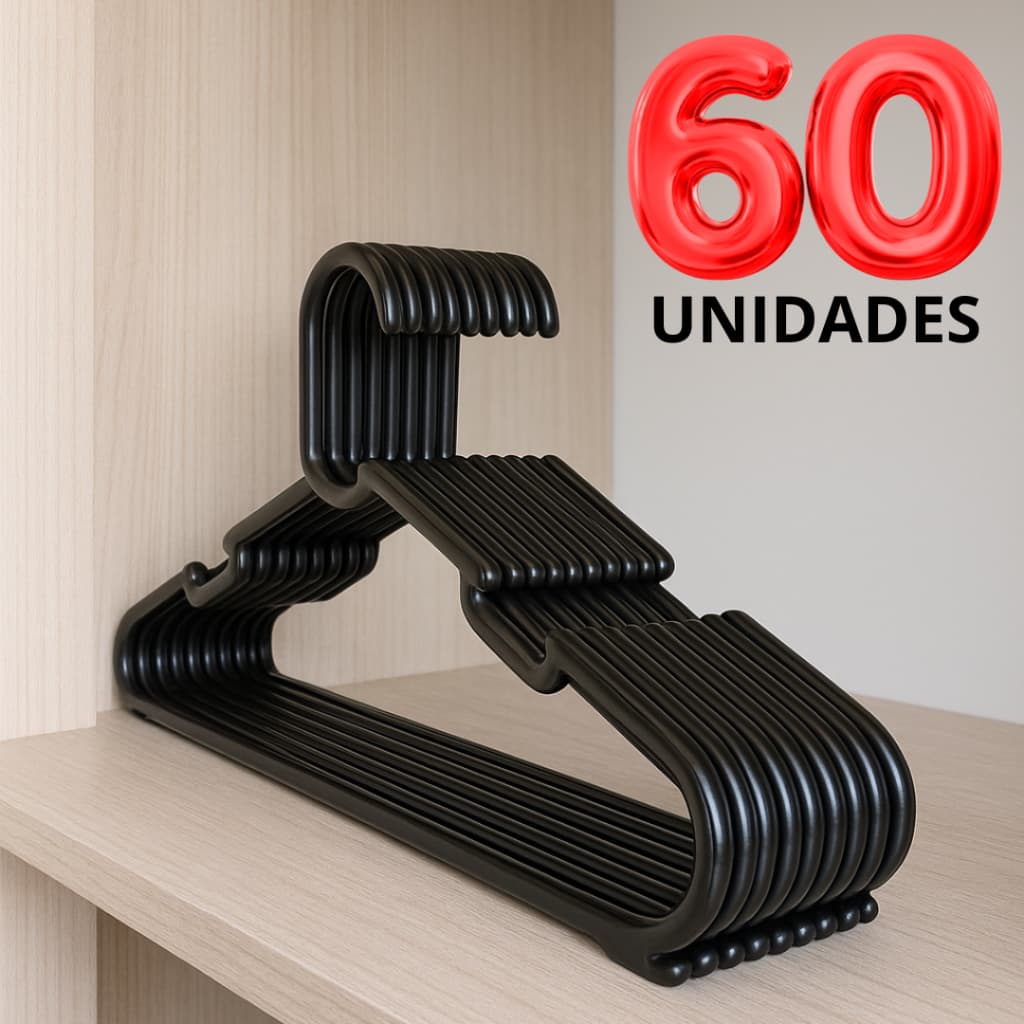KIT COM 60 CABIDES MODELO COMBATE PRETO, 38CM RESISTENTE E DURÁVEL, PARA BLUSAS, CALÇAS, CAMISETAS
