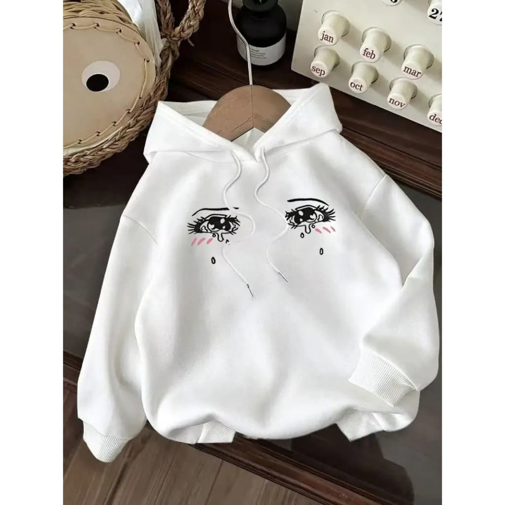 Moletom Casual Unisex com Estampa Gráfica - Pulôver de Poliéster Preto com Design de Olho Choroso, Capuz com Cordão, Lav