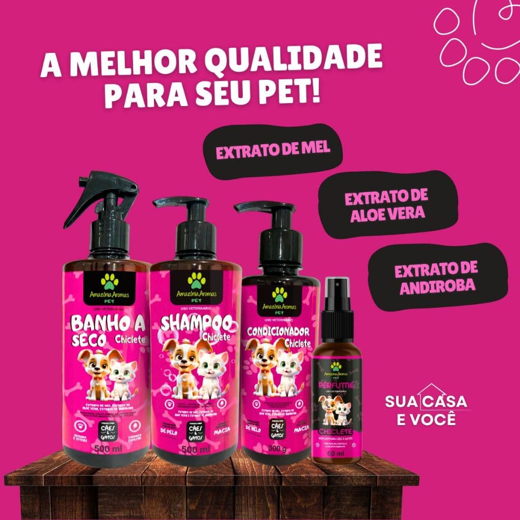 Kit Banho Pet Chiclete Shampoo + Condicionador + Perfume + Banho a Seco 500ml Cachorro Gato Pelo