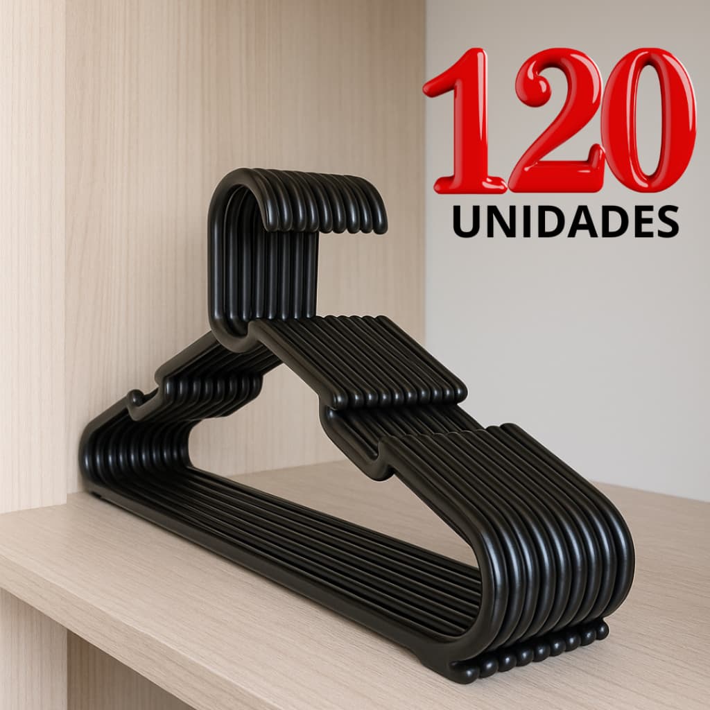 KIT COM 120 CABIDES MODELO COMBATE PRETO, 38CM RESISTENTE E DURÁVEL, PARA BLUSAS, CALÇAS, CAMISETAS