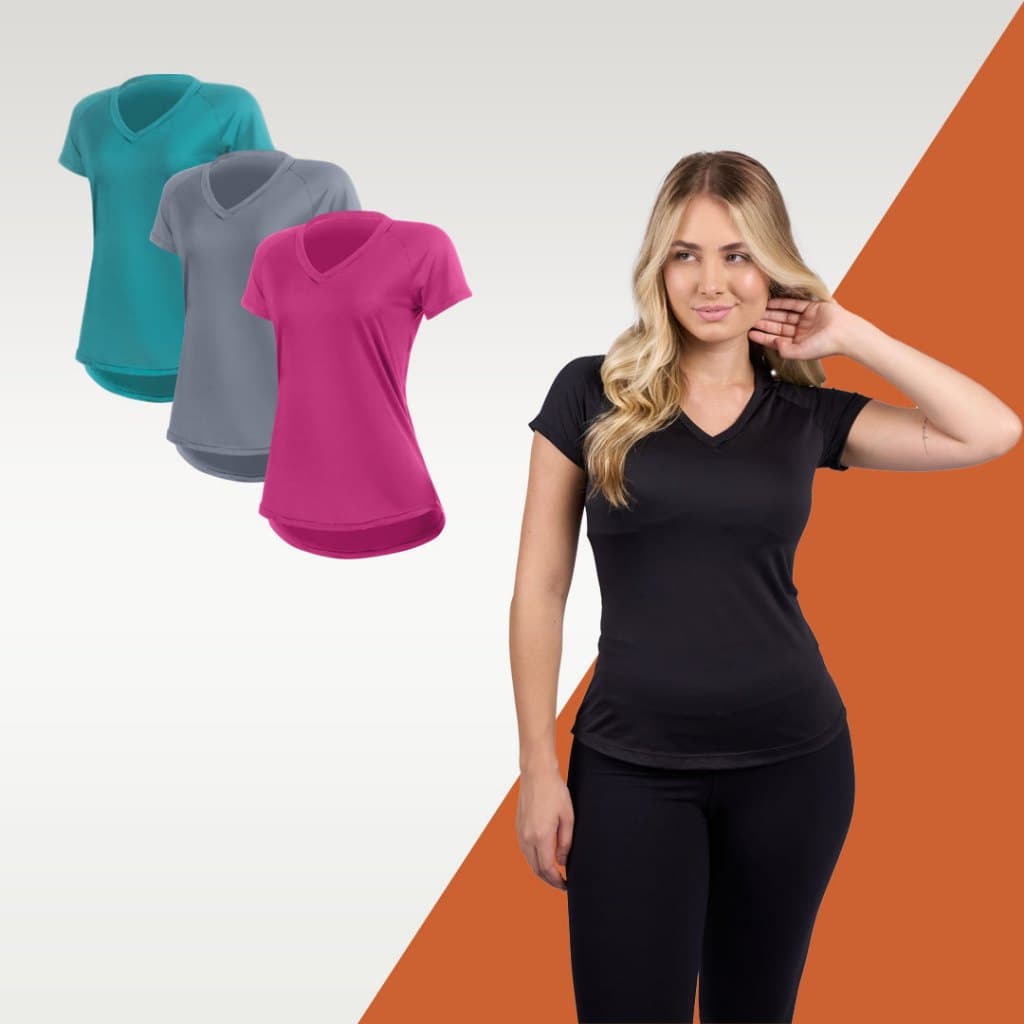 Kit 3 camisetas treino femininas fitness gola V mais comprida